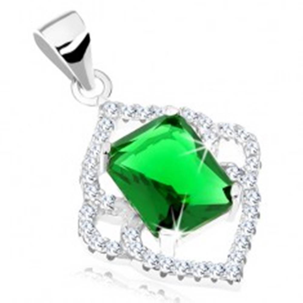 Šperky eshop Strieborný prívesok 925, smaragdovo zelený obdĺžnik, číry špicatý lem