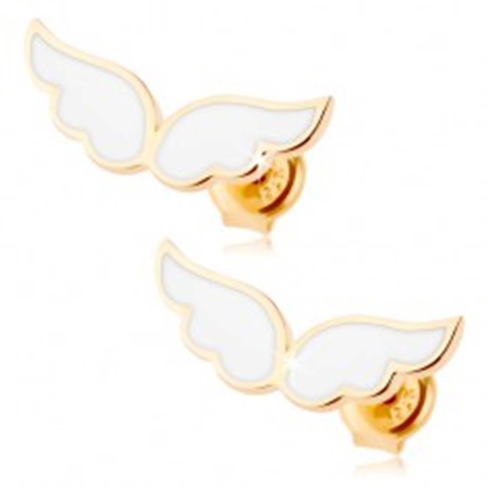 Šperky eshop Zlaté náušnice 585 - anjelské krídla zdobené bielou glazúrou, puzetky