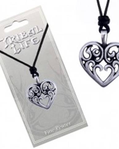 Šnúrkový náhrdelník - lesklý kovový prívesok, srdce s ornamentmi