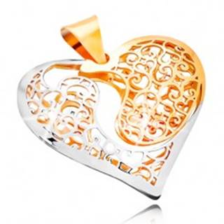 Zlatý prívesok 585 - dvojfarebné srdce s výrezom a filigránovým zdobením