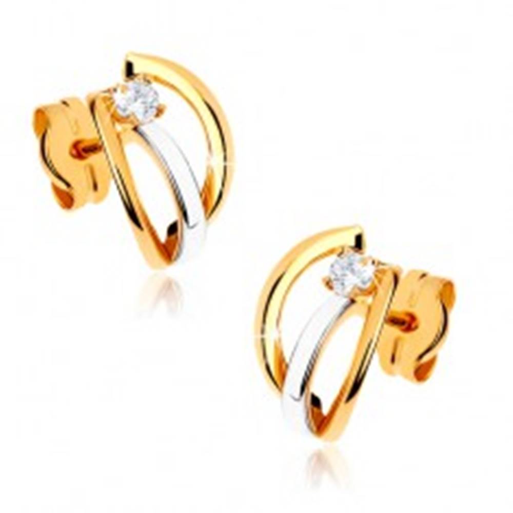 Šperky eshop Dvojfarebné zlaté náušnice 375 - tri lesklé oblúčiky, kamienok čírej farby