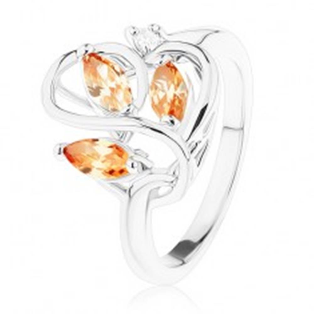 Šperky eshop Ligotavý prsteň striebornej farby, zvlnené línie, oranžové zirkóny - Veľkosť: 53 mm