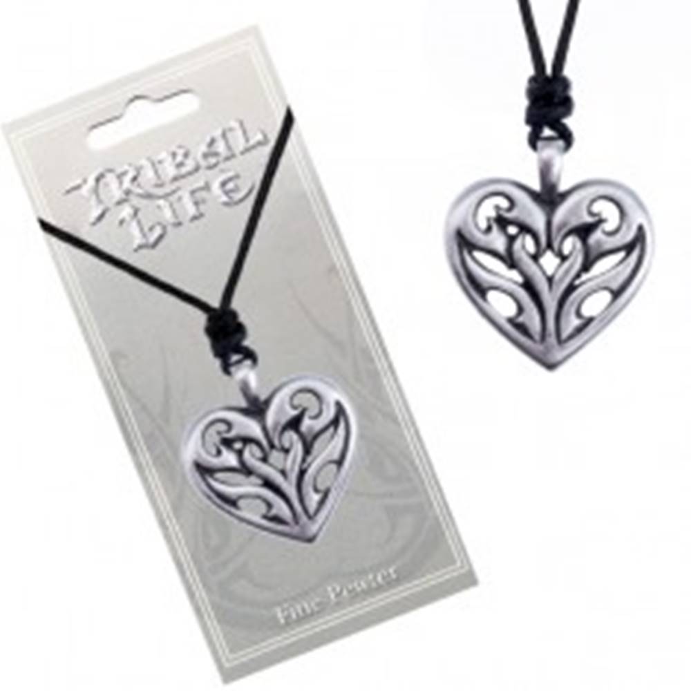 Šperky eshop Náhrdelník - čierna šnúrka a kovové srdce s vyrezávanými plameňmi
