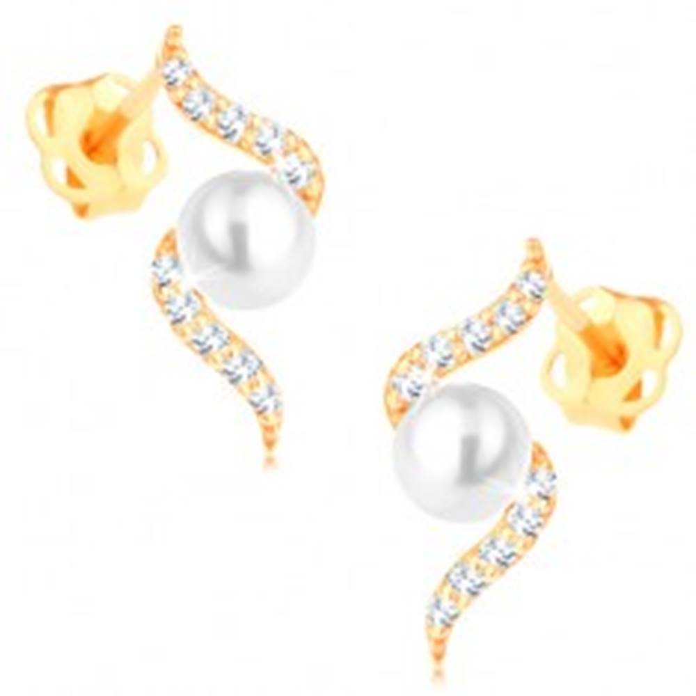 Šperky eshop Náušnice zo žltého 14K zlata - trblietavá špirála s perlou bielej farby