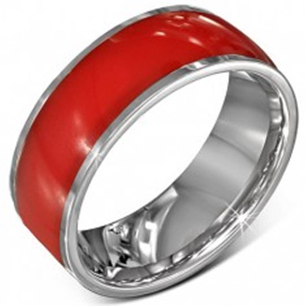 Šperky eshop Oceľový prsteň - lesklá červená obrúčka, okraje striebornej farby, 8 mm - Veľkosť: 54 mm