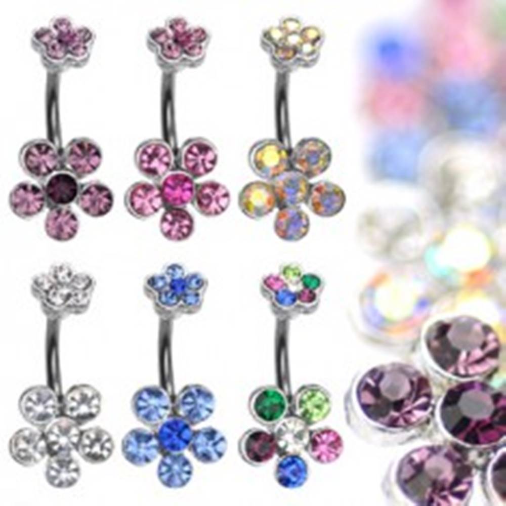 Šperky eshop Piercing do bruška z ocele s farebnými zirkónovými kvetmi - Farba zirkónu: Číra - C