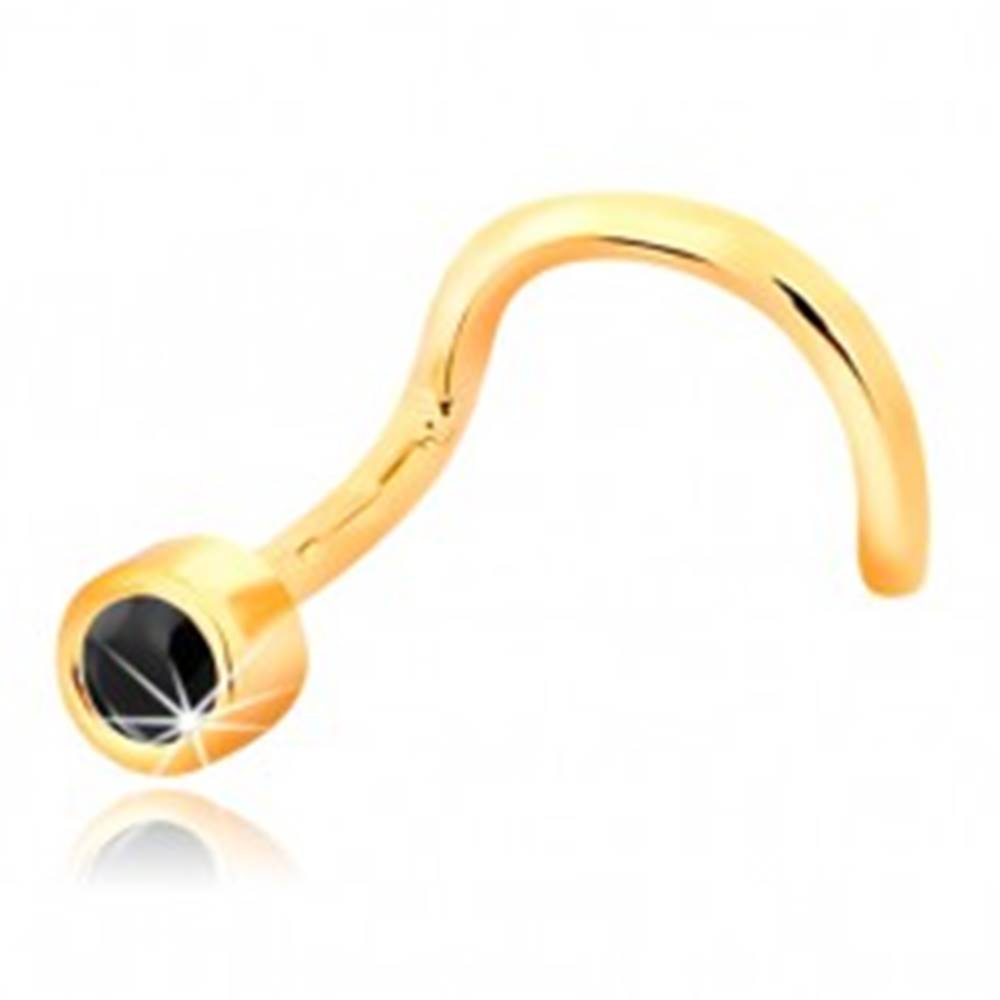 Šperky eshop Piercing do nosa zo žltého 14K zlata - zahnutý tvar, čierny zafír v objímke