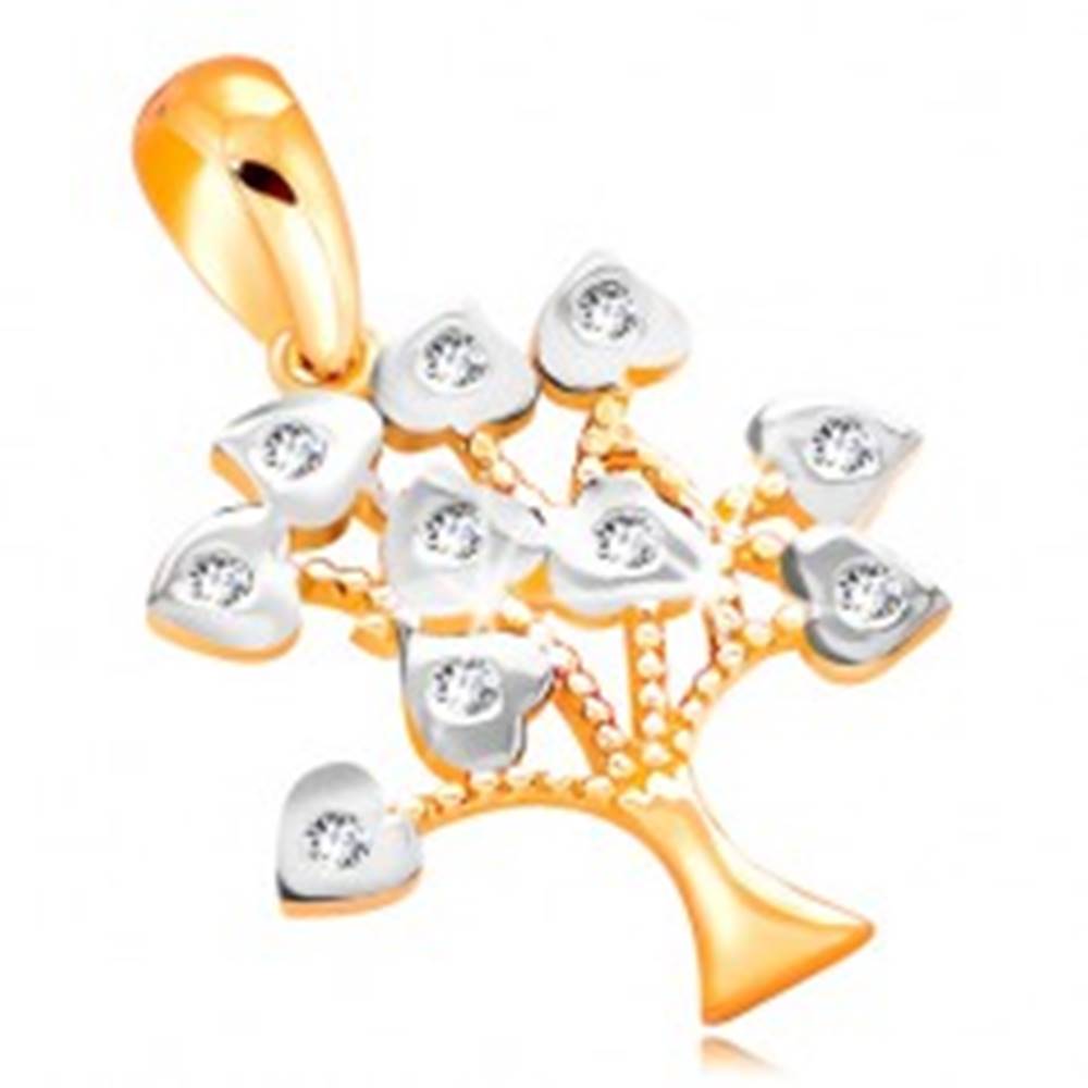 Šperky eshop Prívesok zo 14K zlata - stromček šťastia, listy zdobené bielym zlatom a zirkónmi