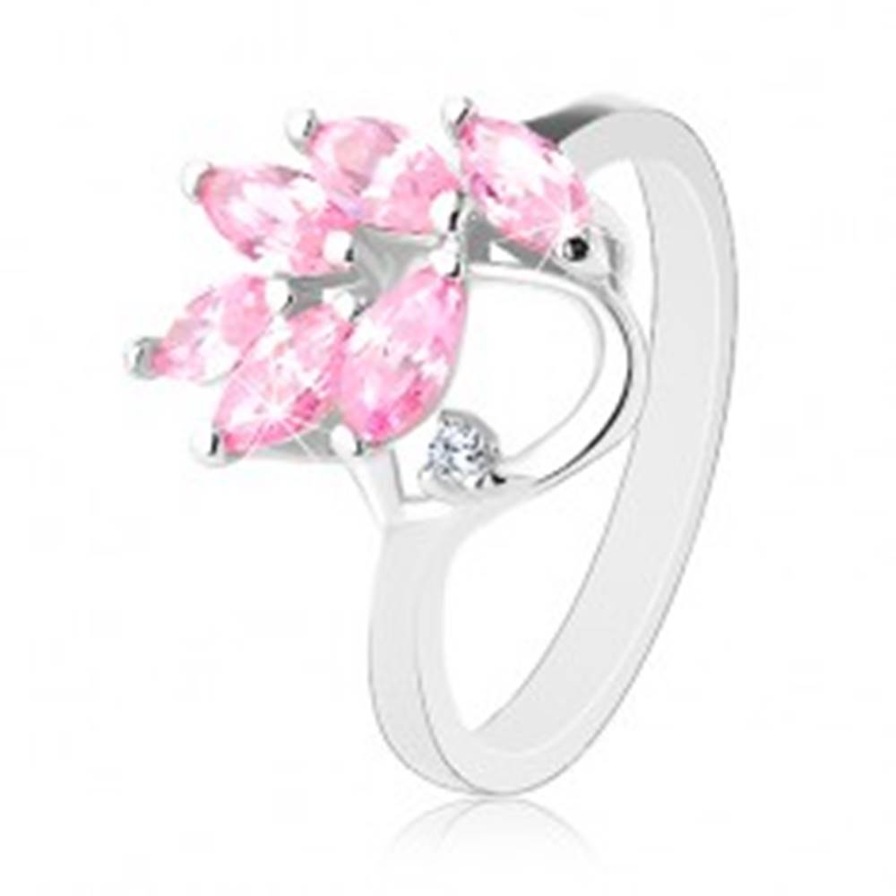 Šperky eshop Prsteň s lesklými ramenami, vetvička s ružovými zirkónovými lístkami - Veľkosť: 47 mm