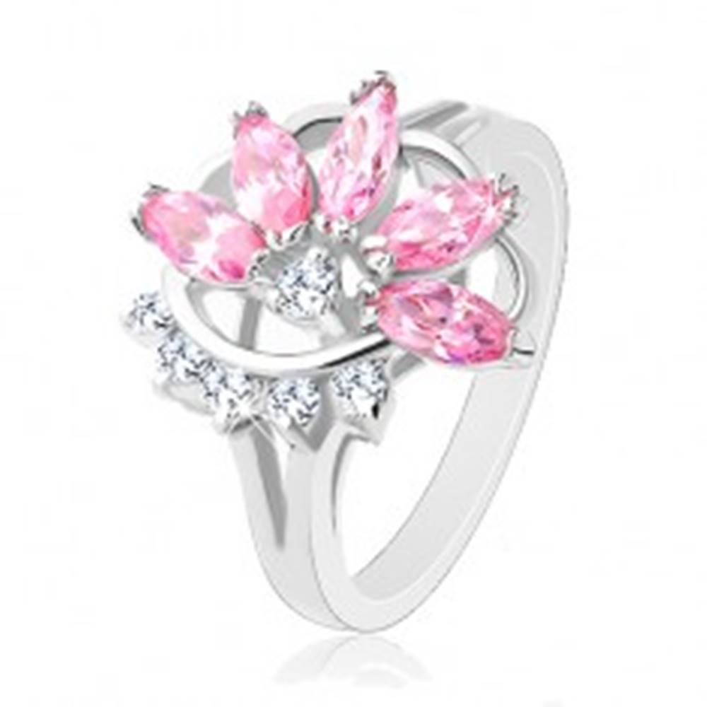 Šperky eshop Prsteň s lesklými rozdelenými ramenami, ružovo-číry polovičný kvet - Veľkosť: 49 mm