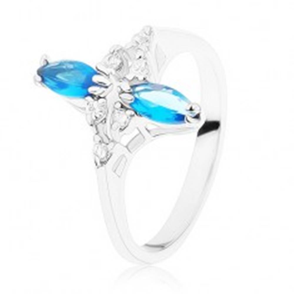Šperky eshop Prsteň v striebornom odtieni, lesklé zvlnené ramená, modré a číre zirkóny - Veľkosť: 49 mm
