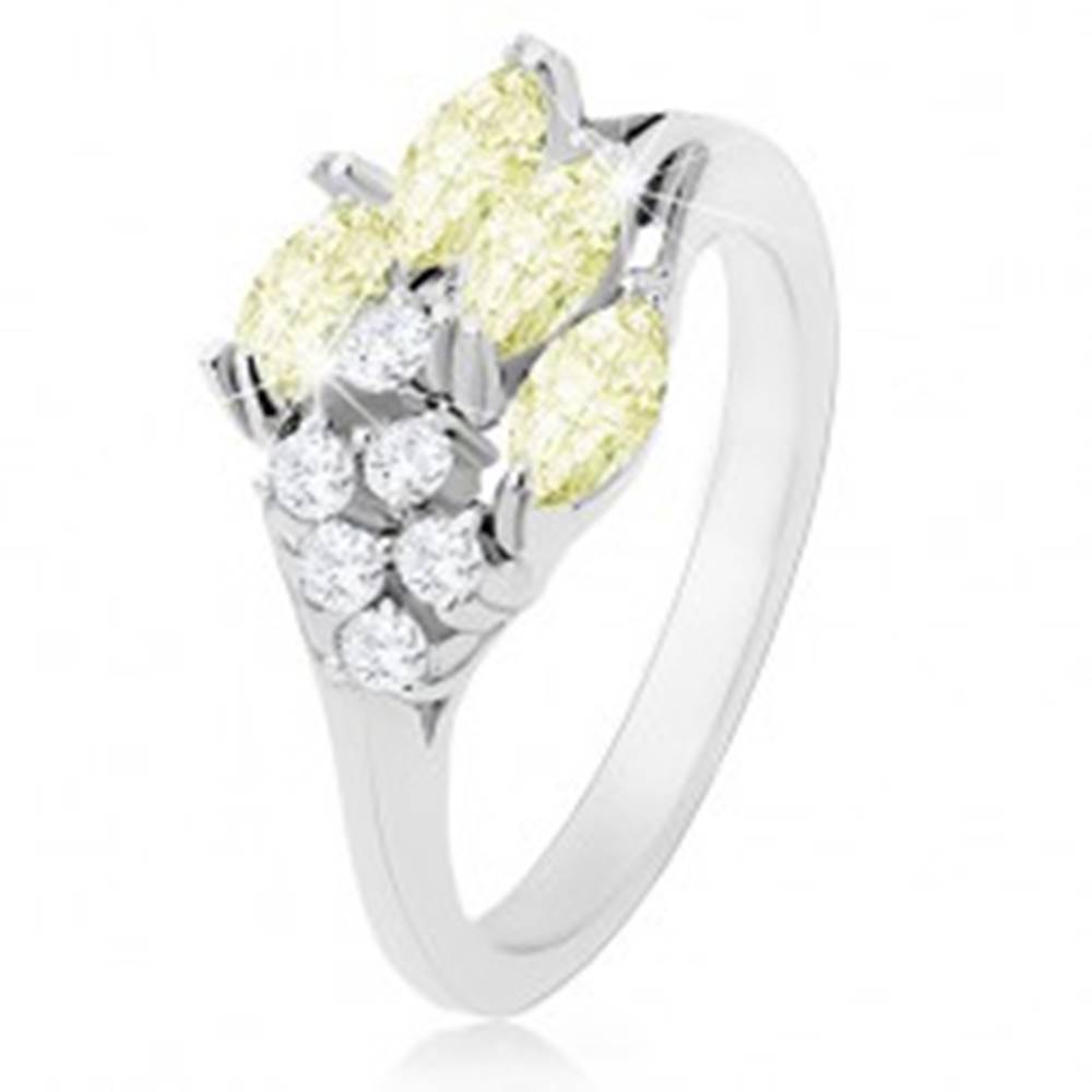 Šperky eshop Prsteň v striebornom odtieni, ligotavé zirkóny čírej a svetlozelenej farby - Veľkosť: 50 mm