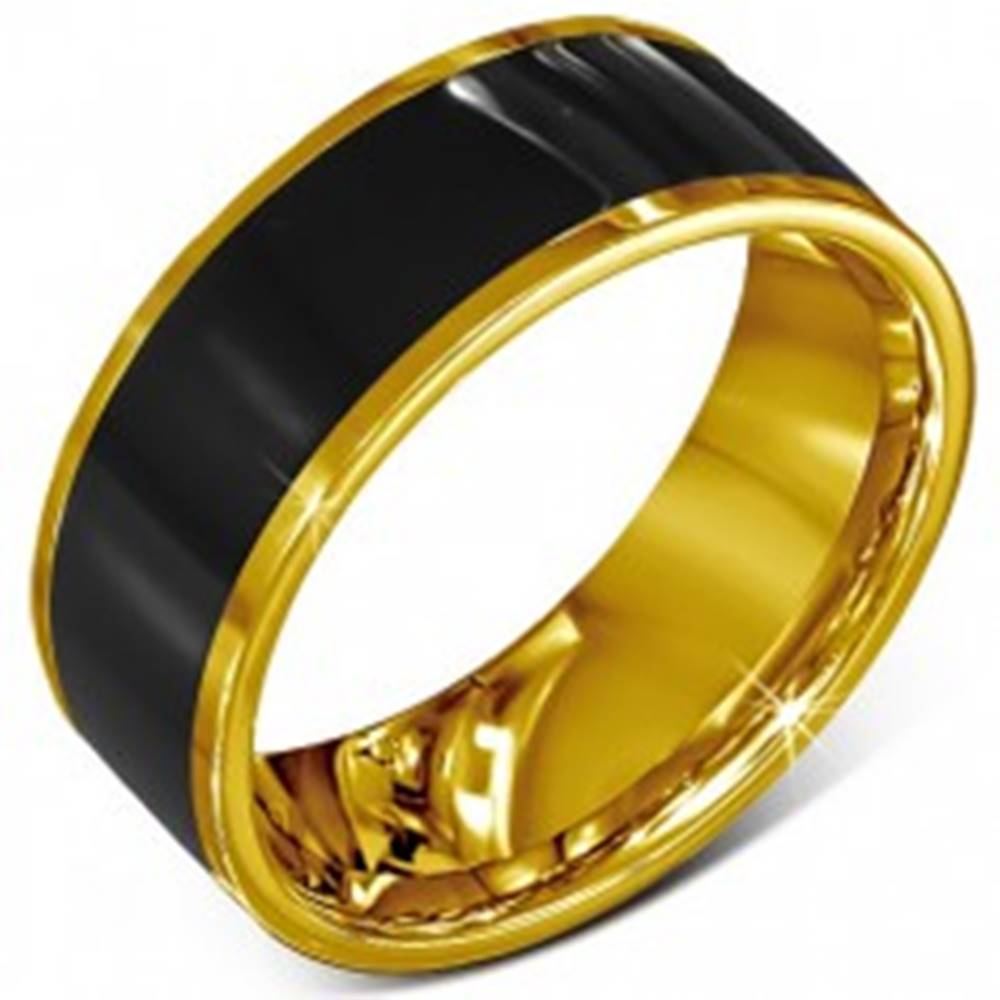 Šperky eshop Prsteň z chirurgickej ocele - hladká čierna obrúčka, lem zlatej farby - Veľkosť: 52 mm