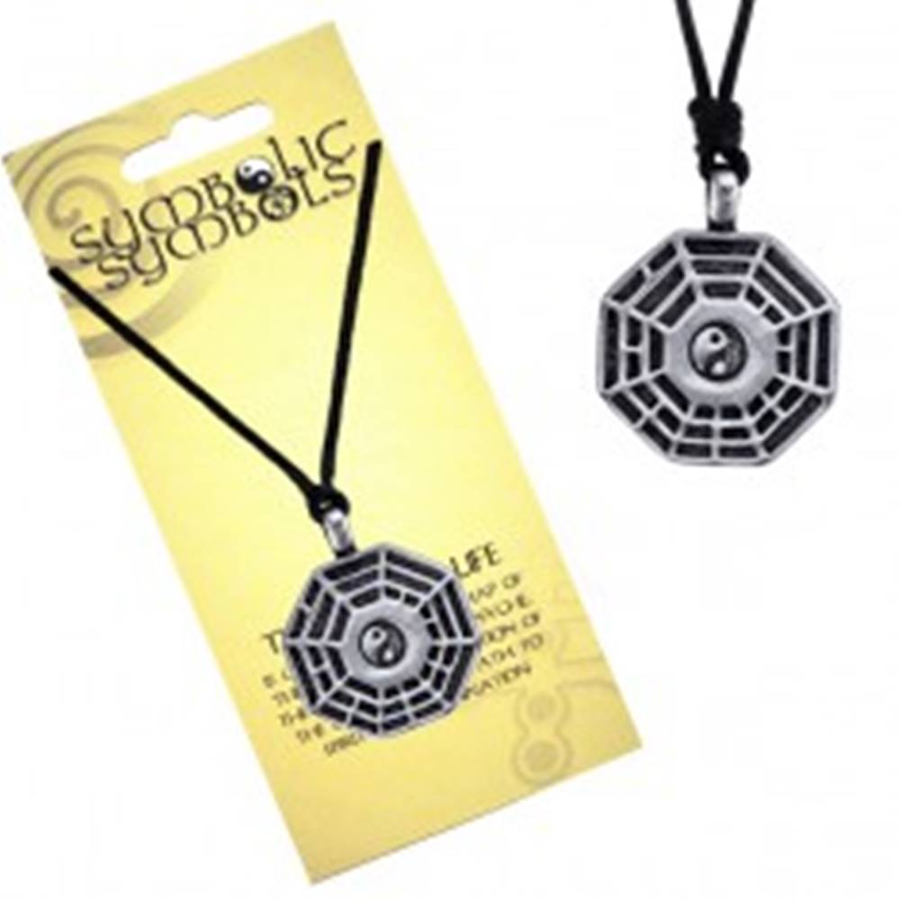 Šperky eshop Šnúrkový náhrdelník - kovový prívesok, trigramy a Jin Jang