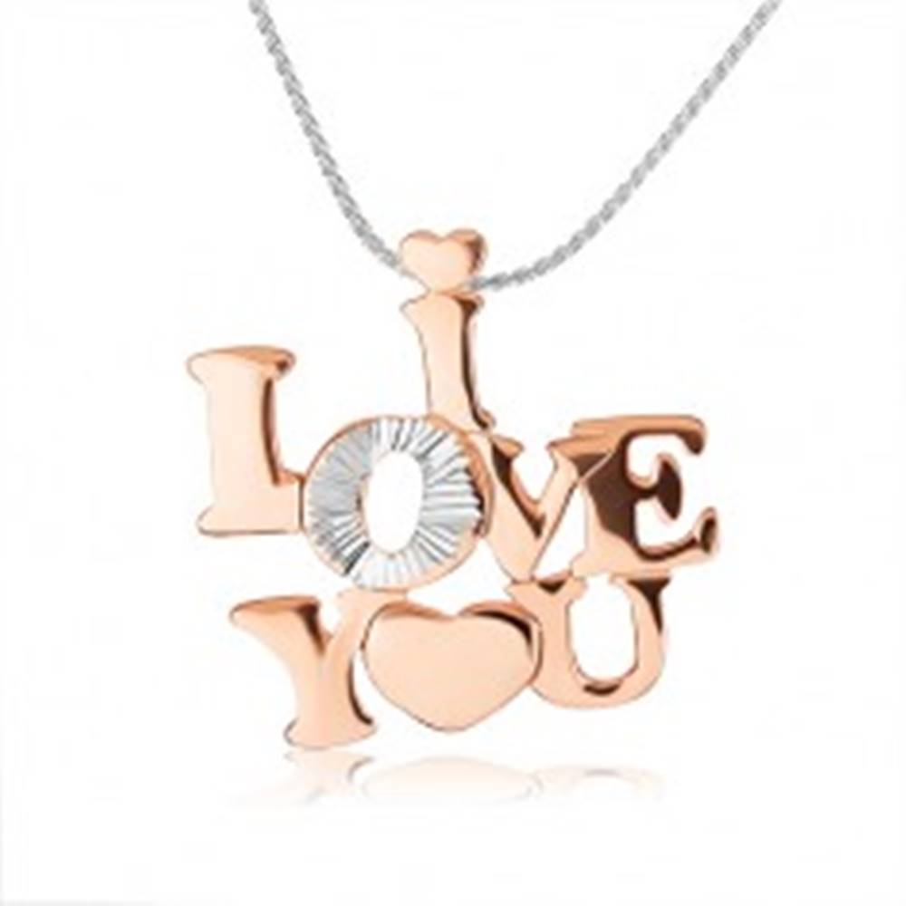 Šperky eshop Strieborný náhrdelník 925 - lesklý nápis "I LOVE YOU" medenej farby