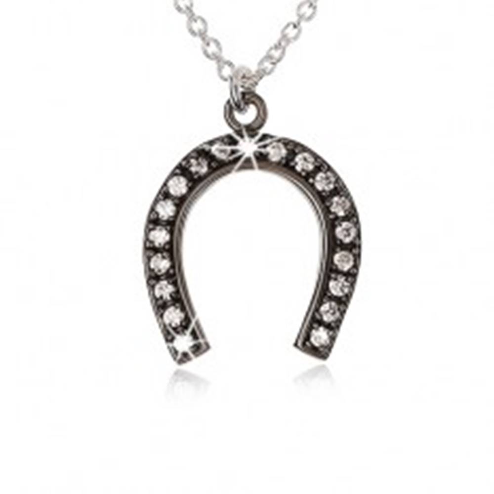 Šperky eshop Strieborný náhrdelník 925, oceľovo sivá podkova pre šťastie, číre zirkóny
