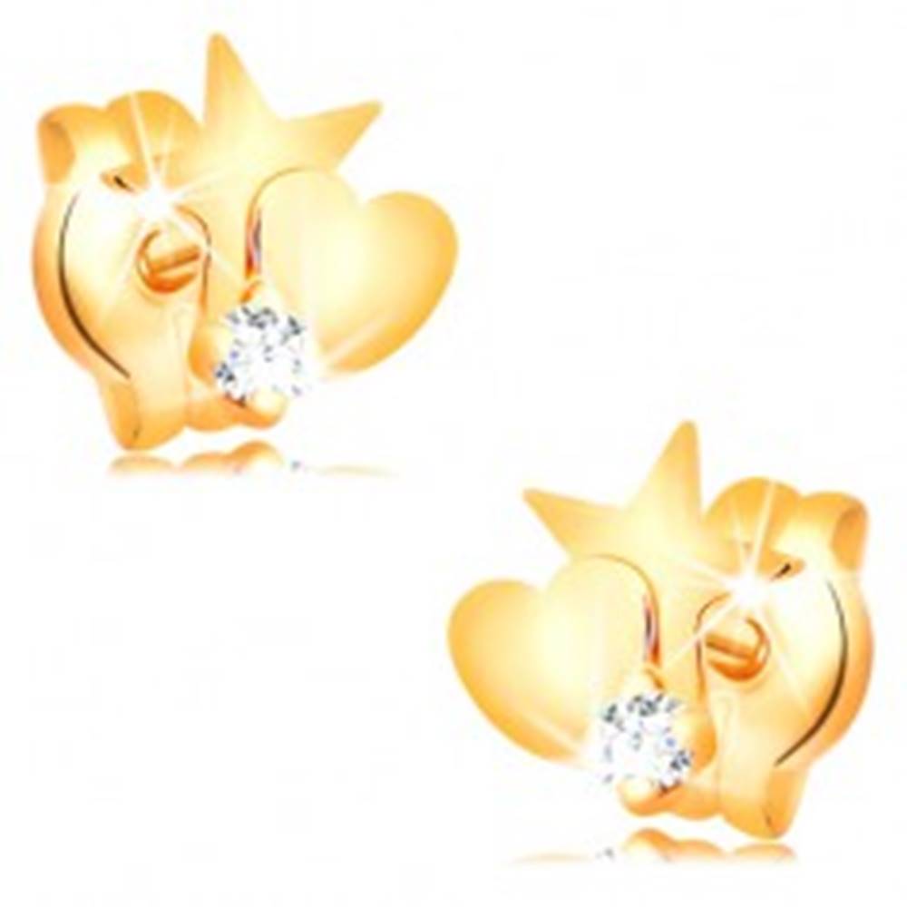 Šperky eshop Zlaté diamantové náušnice 585 - hviezda a srdce, okrúhly číry briliant