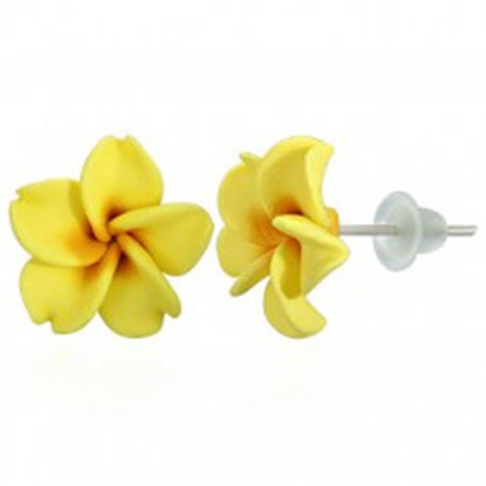 Šperky eshop Žlté Fimo náušnice - tvar kvet Plumeria