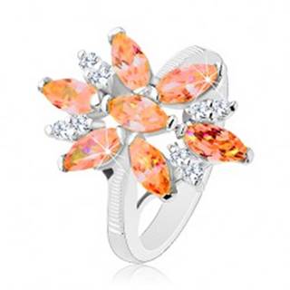 Ligotavý prsteň v striebornej farbe, veľký kvet z oranžových a čírych zirkónov - Veľkosť: 50 mm