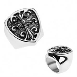 Patinovaný prsteň z ocele 316L, erb s ľaliovým krížom, ornamenty - Veľkosť: 56 mm