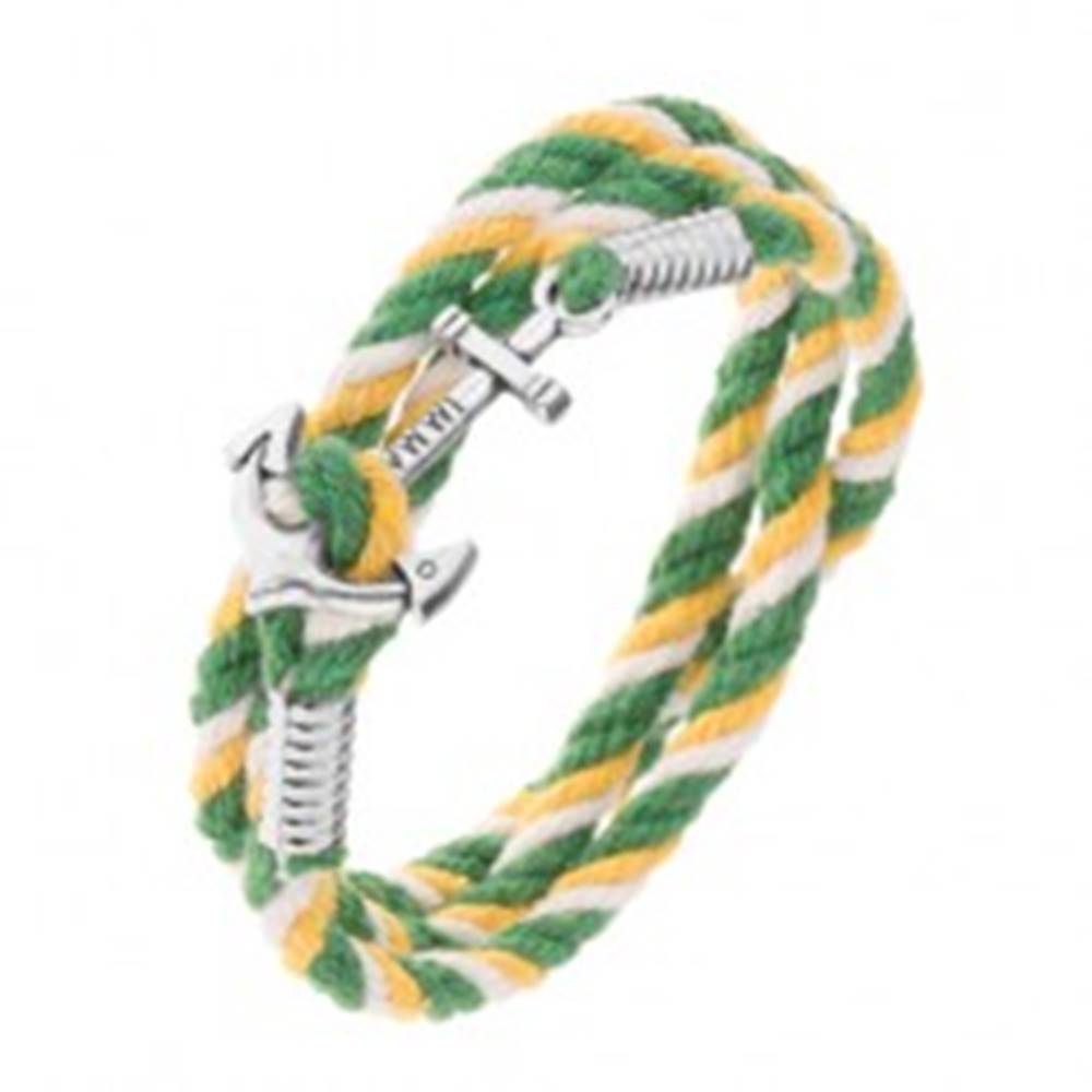 Šperky eshop Farebný náramok na ruku v zelenej, žltej a bielej farbe, lesklá lodná kotva