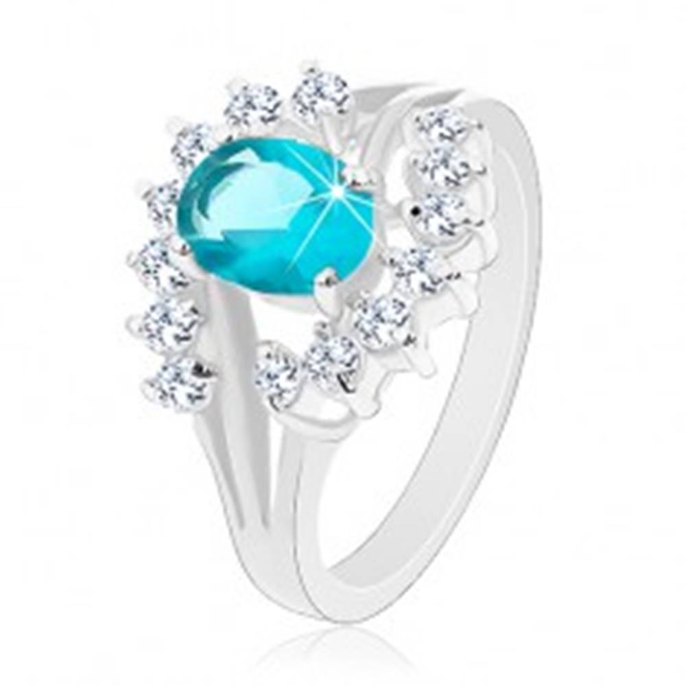 Šperky eshop Lesklý prsteň s rozvetvenými ramenami, svetlomodrý zirkónový ovál, číre oblúky - Veľkosť: 50 mm