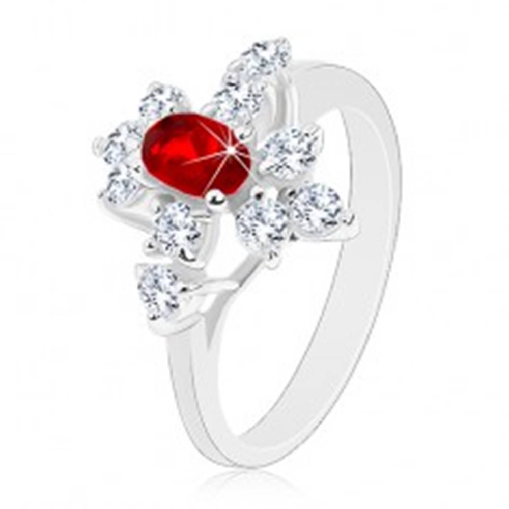 Šperky eshop Ligotavý prsteň, strieborná farba, tmavočervený ovál, číre zirkóny - Veľkosť: 52 mm