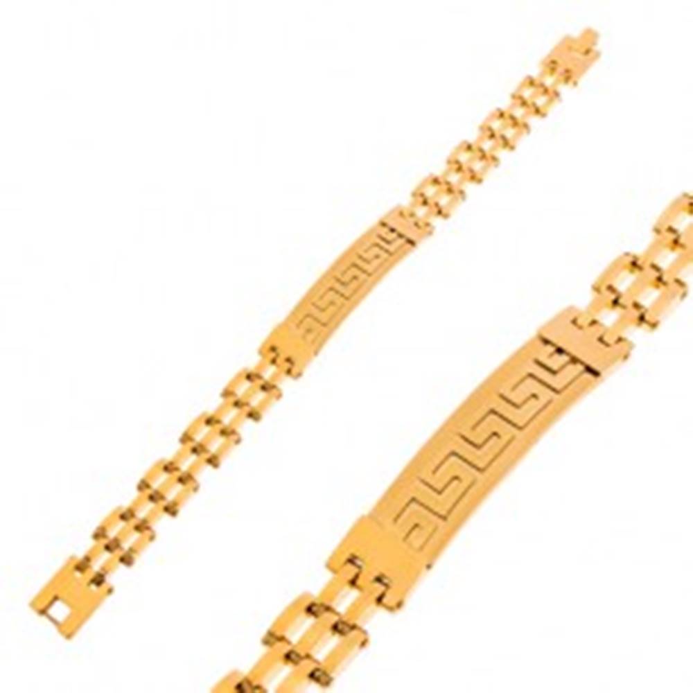 Šperky eshop Náramok z chirurgickej ocele zlatej farby, matná známka s gréckym kľúčom