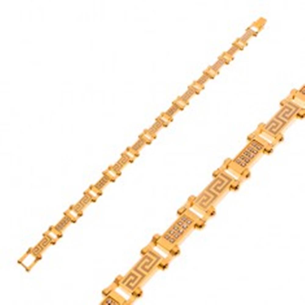 Šperky eshop Náramok z chirurgickej ocele zlatej farby s gréckym kľúčom a zirkónmi