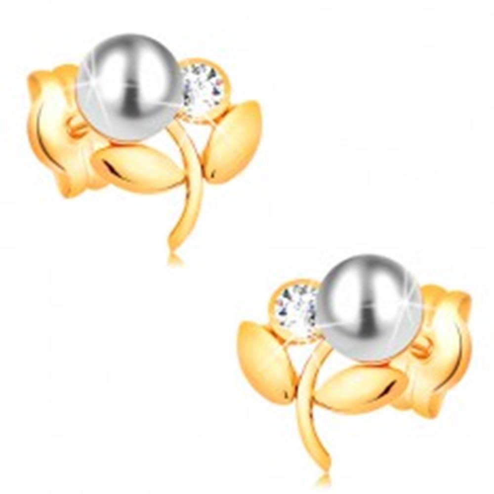 Šperky eshop Náušnice zo žltého 14K zlata - kvietok s bielou perlou a čírym zirkónom