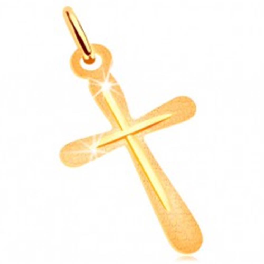 Šperky eshop Prívesok v žltom zlate 585 - plochý kríž, ligotavý ryhovaný povrch