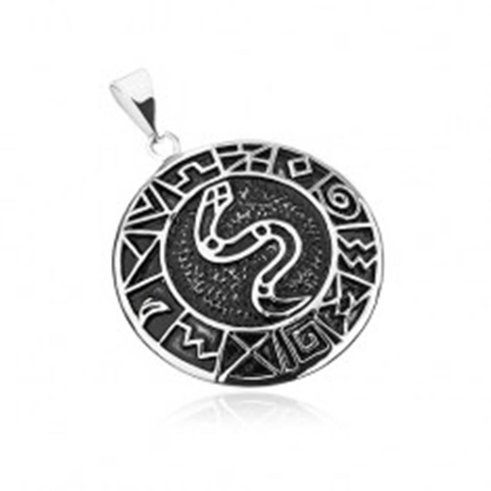 Šperky eshop Prívesok z chirurgickej ocele, had v kruhu lemovaný starodávnymi symbolmi