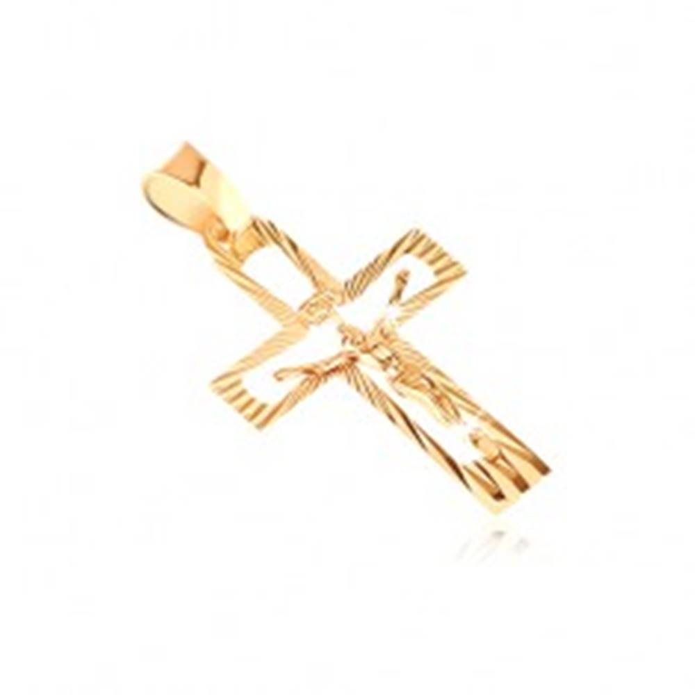 Šperky eshop Prívesok zo 14K zlata - vykrojený kríž s Kristom a lesklými lúčmi