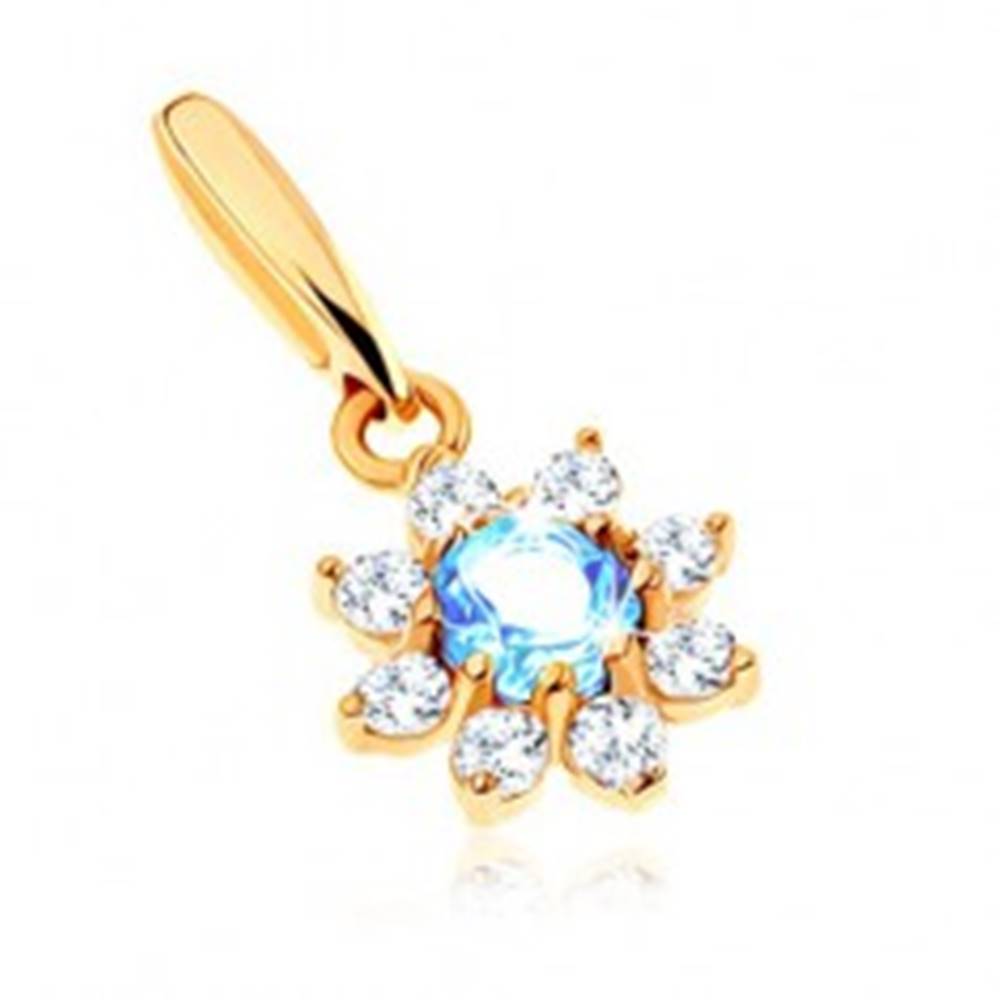 Šperky eshop Prívesok zo žltého 9K zlata - kvet s modrým topásom, číre zirkónové lupene