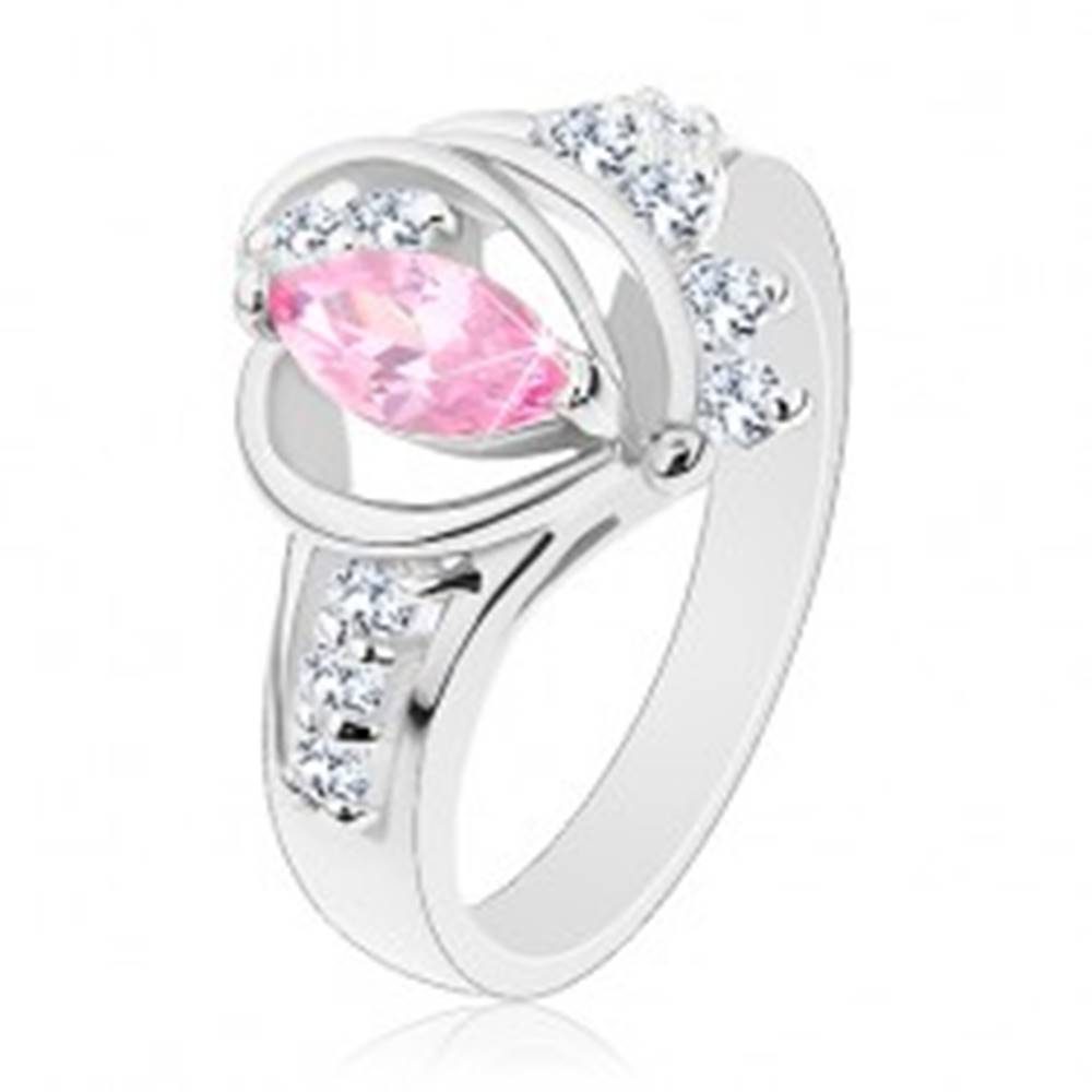 Šperky eshop Prsteň s rozdelenými zirkónovými ramenami, veľké ružové zrnko, oblúčiky - Veľkosť: 49 mm