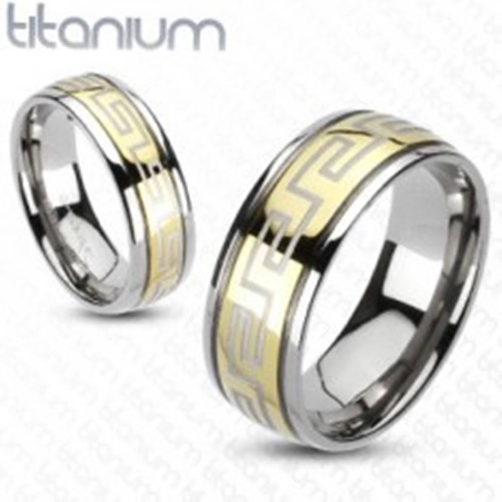 Šperky eshop Prsteň z titánu - zlatá a strieborná farba, grécky motív - Veľkosť: 49 mm