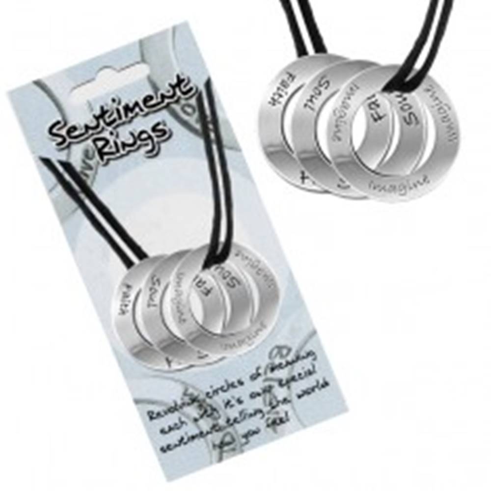 Šperky eshop Šnúrkový náhrdelník - tri kruhové prívesky "Soul, Faith, Imagine"