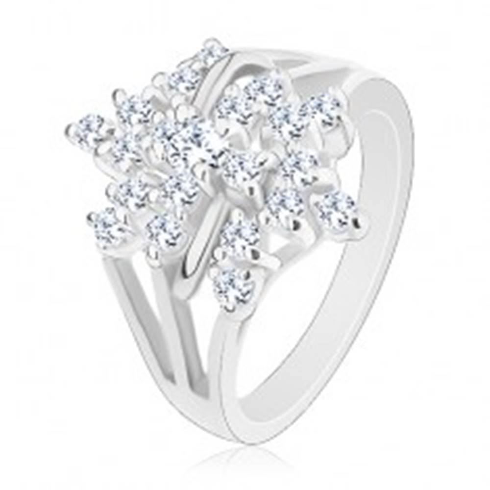 Šperky eshop Trblietavý prsteň, strieborná farba, číry zirkónový kvet, rozvetvené ramená - Veľkosť: 48 mm