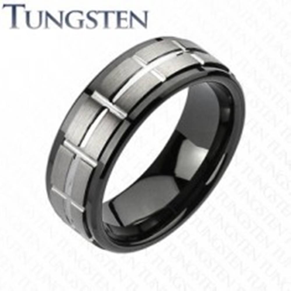 Šperky eshop Tungstenový brúsený prsteň, čierne okraje - Veľkosť: 49 mm