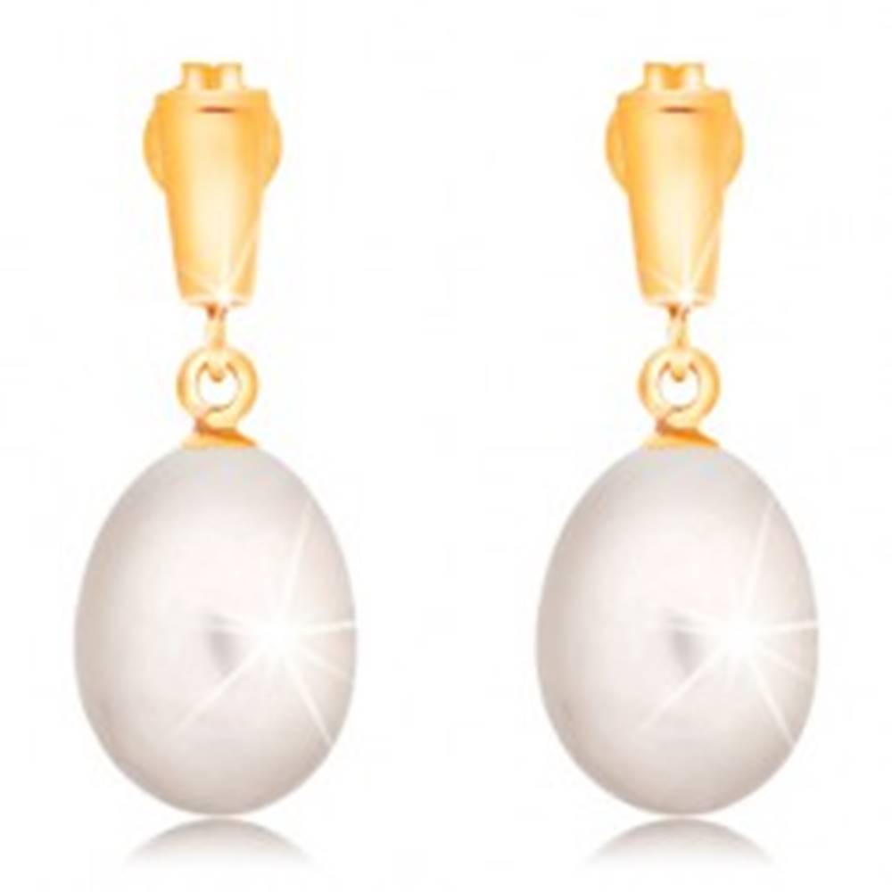 Šperky eshop Zlaté 14K náušnice - visiaca oválna perla bielej farby, lesklý pásik