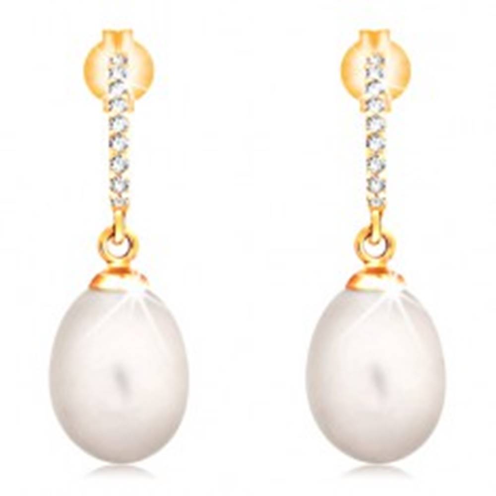 Šperky eshop Zlaté 14K náušnice - visiaca oválna perla bielej farby, zirkónový oblúk
