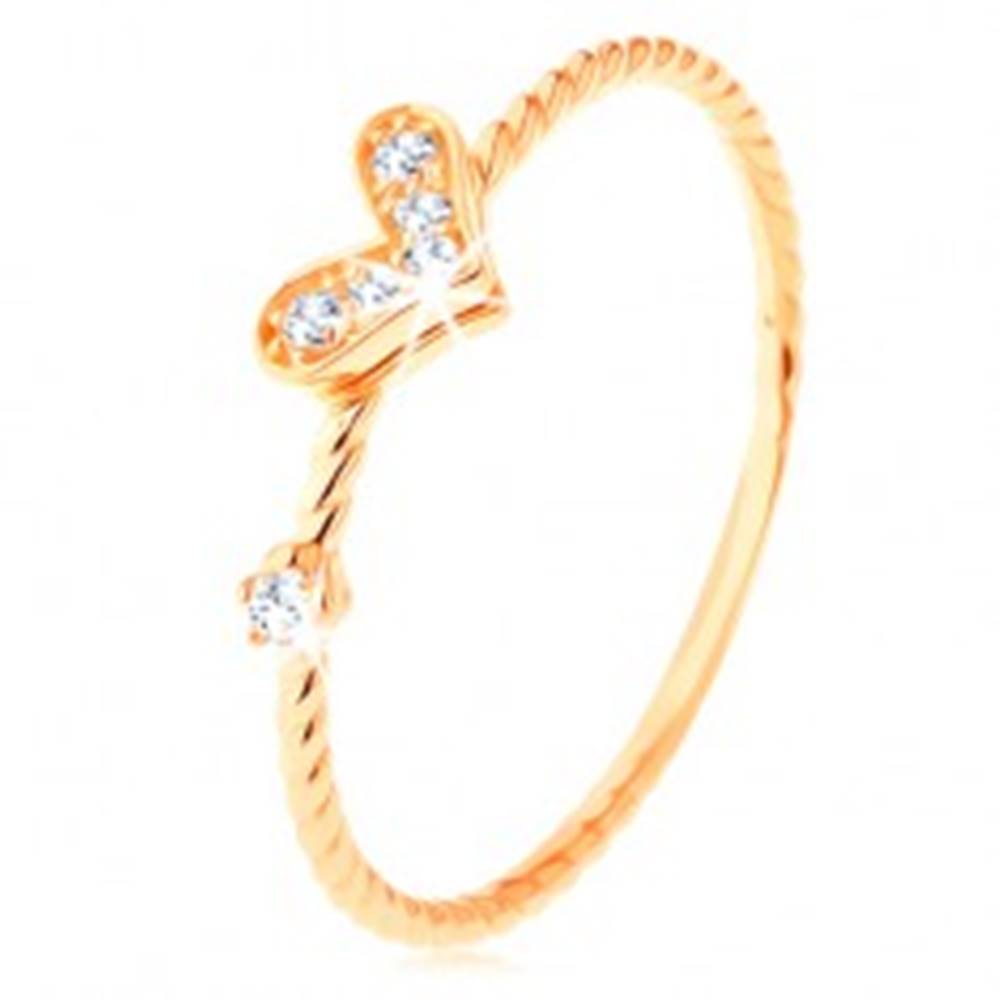 Šperky eshop Zlatý prsteň 585, špirálovito zatočené ramená, trblietavé srdiečko, zirkón - Veľkosť: 49 mm