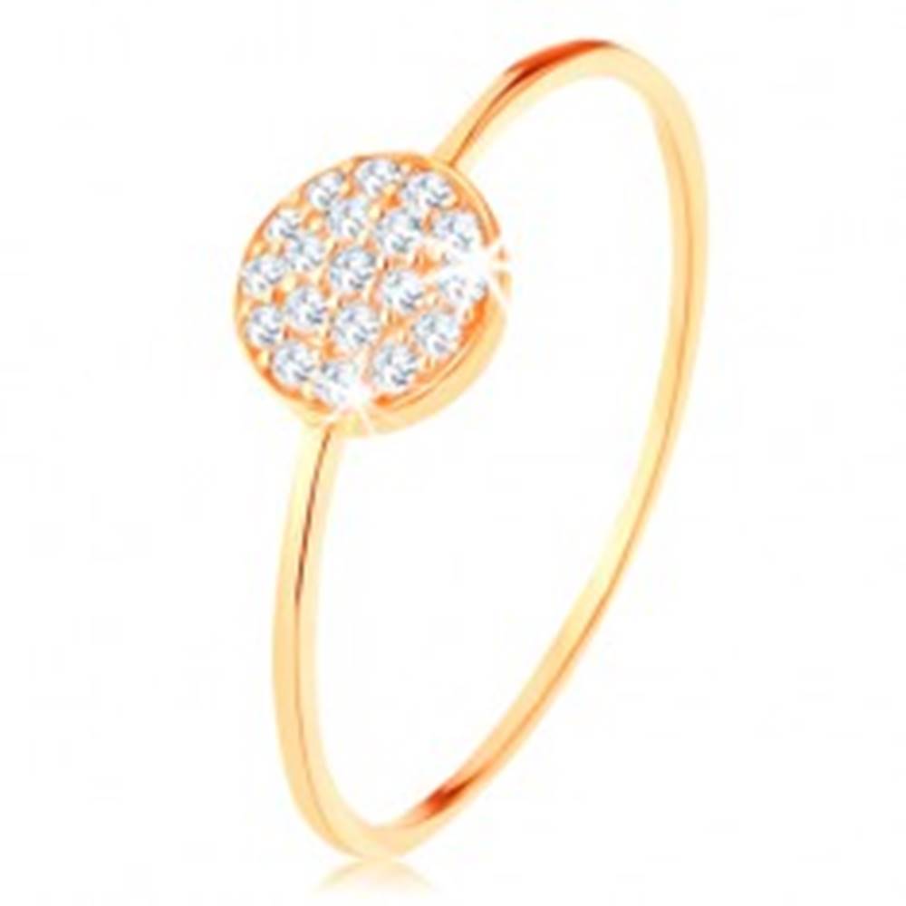 Šperky eshop Zlatý prsteň 585 - tenké lesklé ramená, kruh vykladaný čírymi zirkónmi - Veľkosť: 50 mm