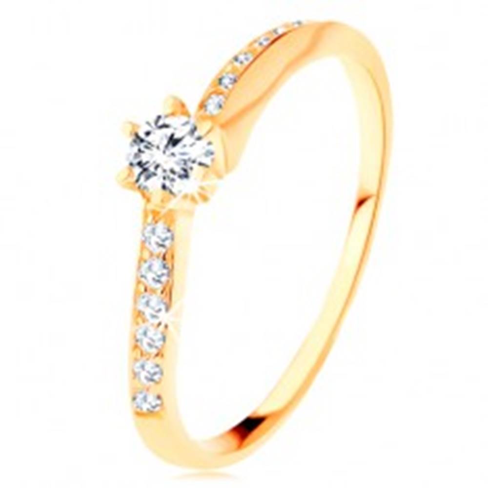 Šperky eshop Zlatý prsteň 585 - zvlnené zirkónové ramená, vystupujúci číry zirkón - Veľkosť: 50 mm