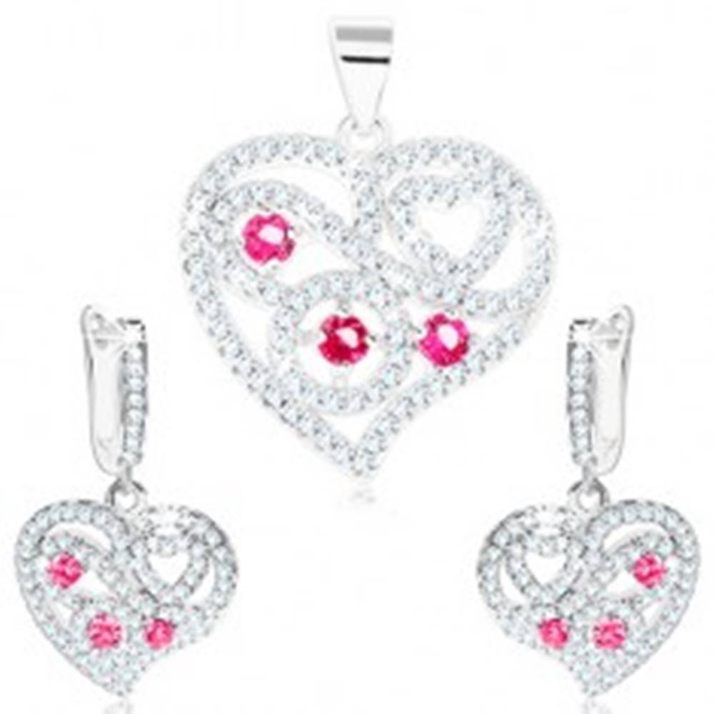 Šperky eshop Sada - strieborné náušnice a prívesok 925, číre srdce, špirály, ružové zirkóny