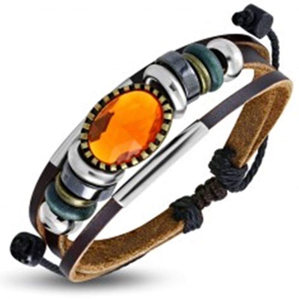 Šperky eshop Multináramok - hnedé pásy kože, rôznofarebné korálky, oranžová ozdoba