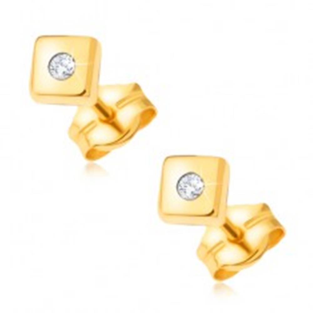 Šperky eshop Zlaté ligotavé náušnice 585 - lesklé štvorce s drobným čírym kamienkom v strede