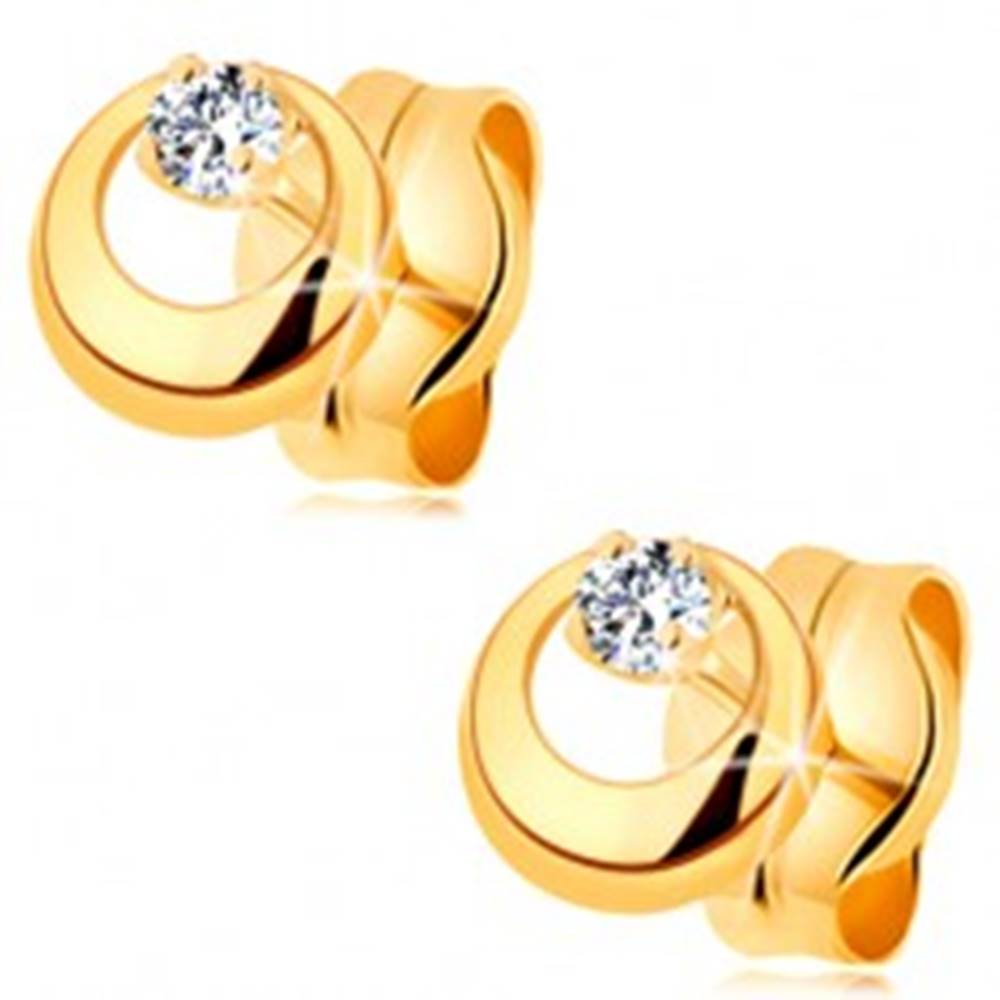 Šperky eshop Náušnice v žltom 14K zlate - vypuklý kruh s výrezom a čírym zirkónom