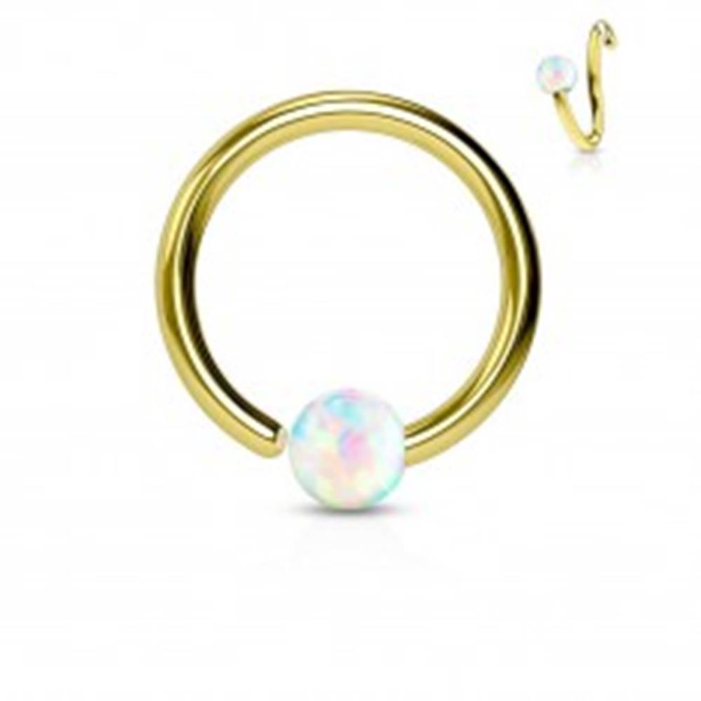 Šperky eshop Piercing z chirurgickej ocele, lesklý krúžok zlatej farby s opálovou guličkou - Hrúbka x priemer x veľkosť guličky: 0,8 x 10 x 2 mm