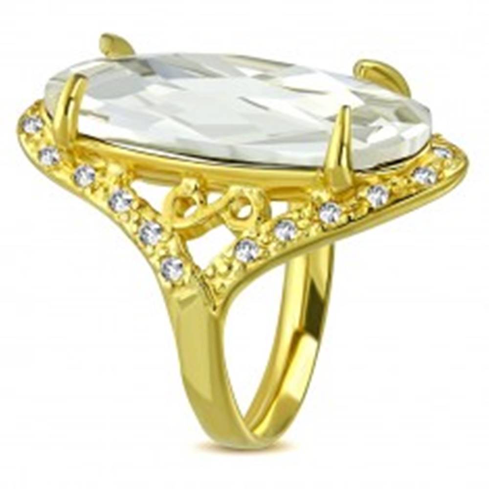 Šperky eshop Mohutnejší prsteň zlatej farby z ocele - číry brúsený zirkón, symbol nekonečna - Veľkosť: 52 mm